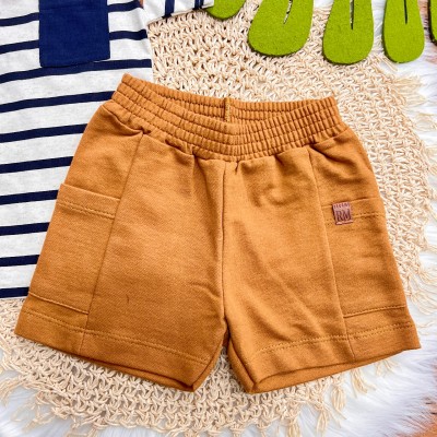 Conj. Camiseta Listrada com Bolso e Bermuda - Marinho e Ferrugem